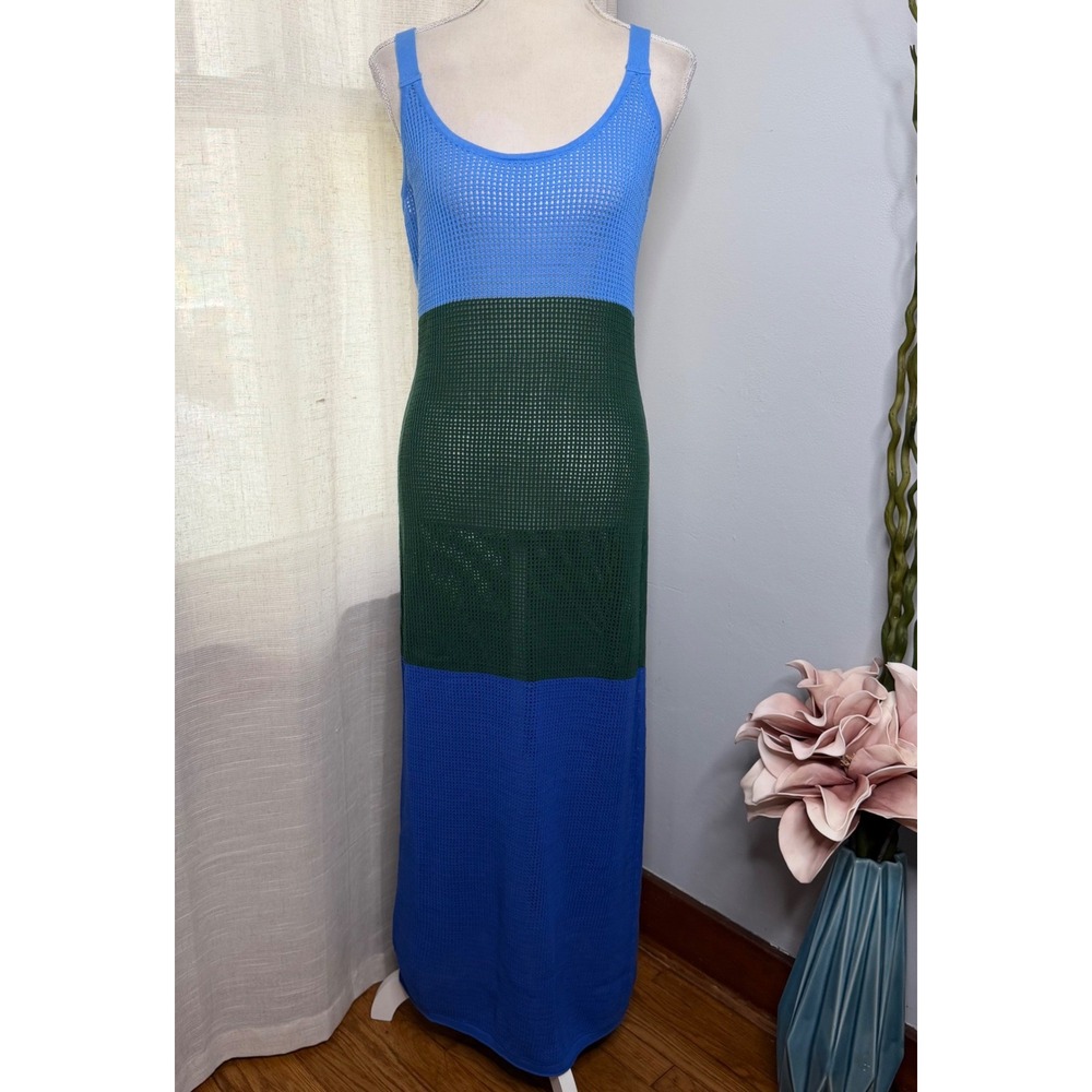 STAUD Jessica Maxi Dress Colorblock Mesh Open Knit Blue Green Women's Size Large